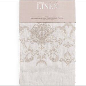 Pure Luxury Linen Belgian Floral Embroidered Lined Window Panel Pair 50 x 96
